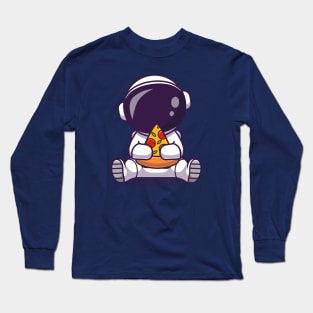 Cute Astronaut Eating Pizza Cartoon Long Sleeve T-Shirt